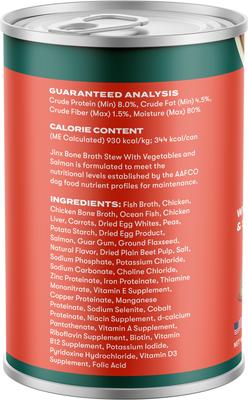 Show full view: Jinx Bone Broth Stew with Salmon & Vegetables Grain-Free Wet Dog Food, 13-oz can, case of 12 slide 8 of 11