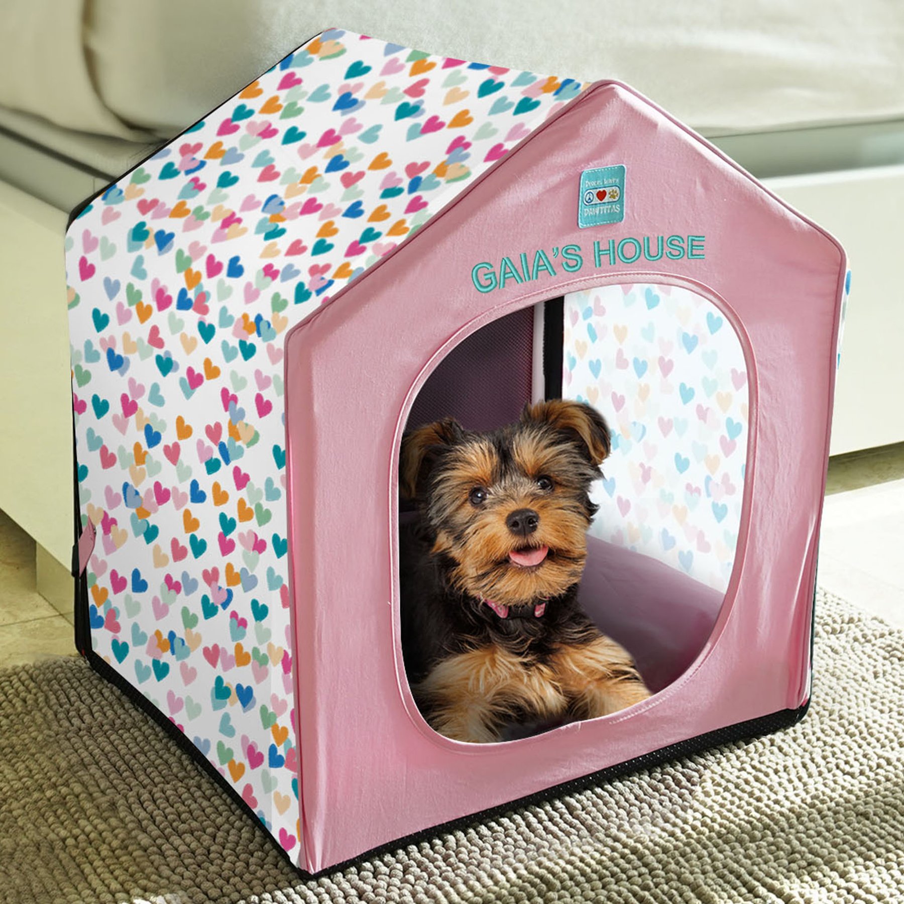 Pawtitas Personalized Tent Covered Dog & Cat Bed, Pink Hearts