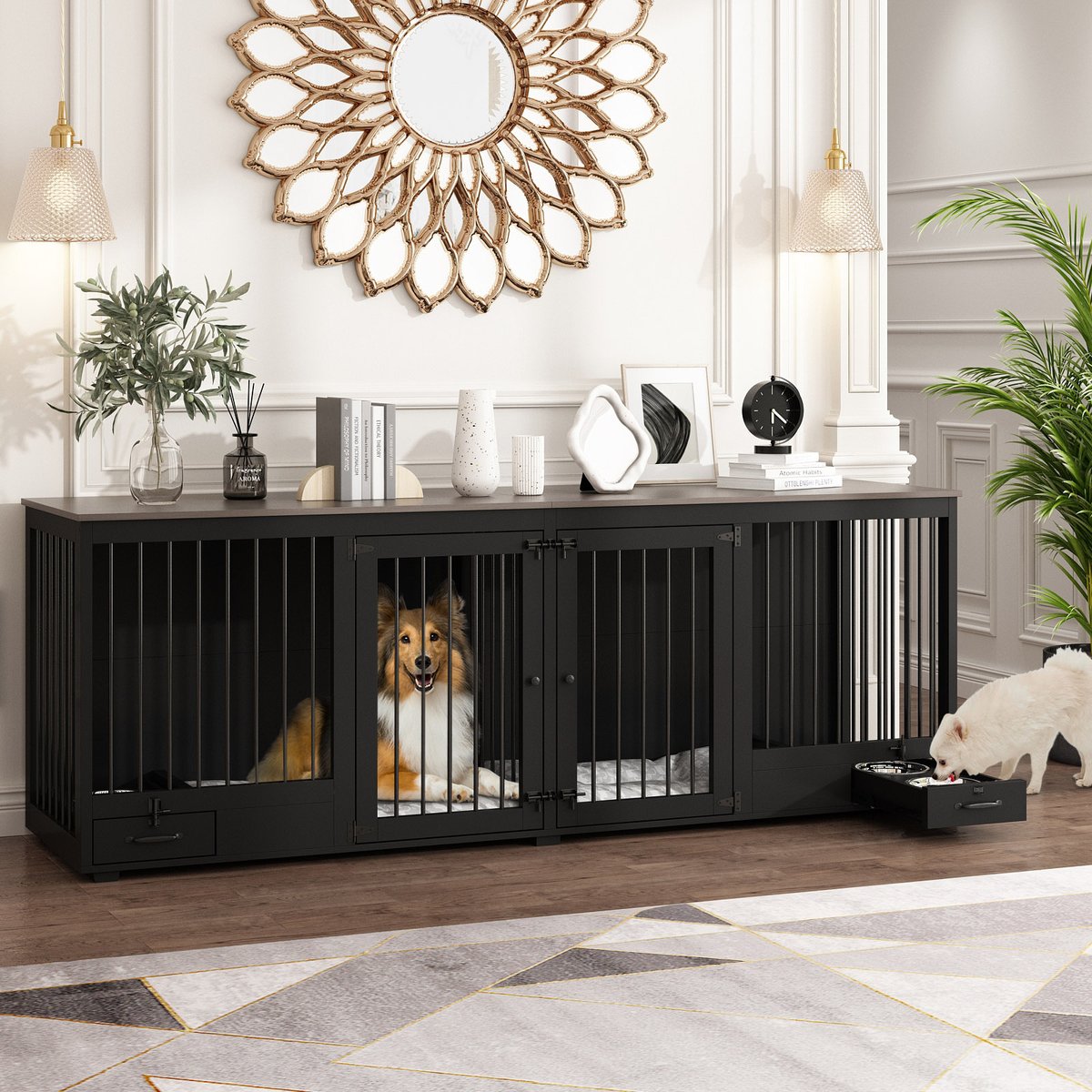 Dawnspaces 86.6-in 2 Dog Furniture Style Dog Crate, Black, 42 inch