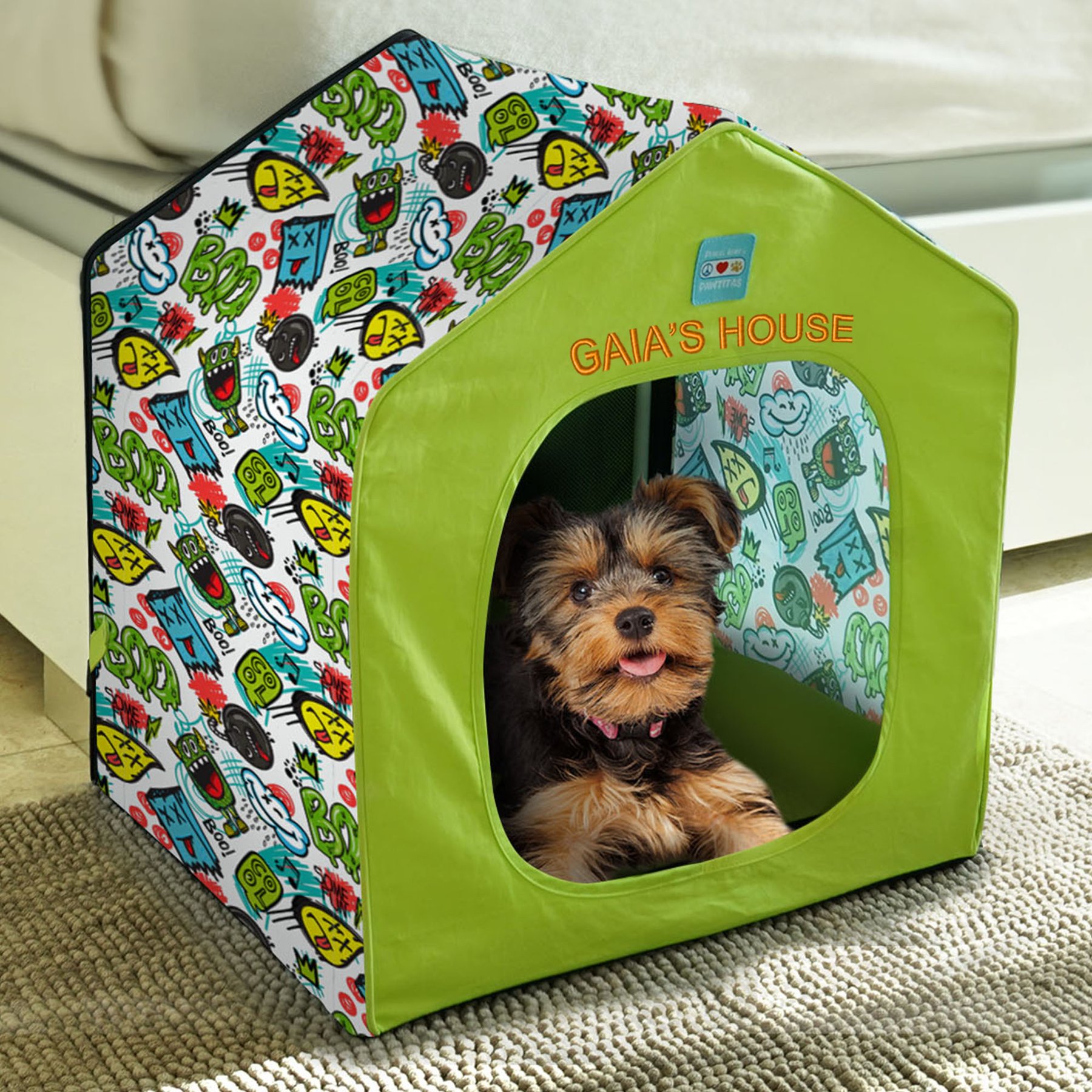 Pawtitas Personalized Tent Covered Dog & Cat Bed, Green Comic