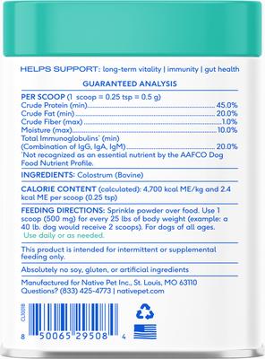 Show full view: Native Pet Colostrum Immune System Powder Supplement for Dogs, 2.2-oz slide 3 of 10