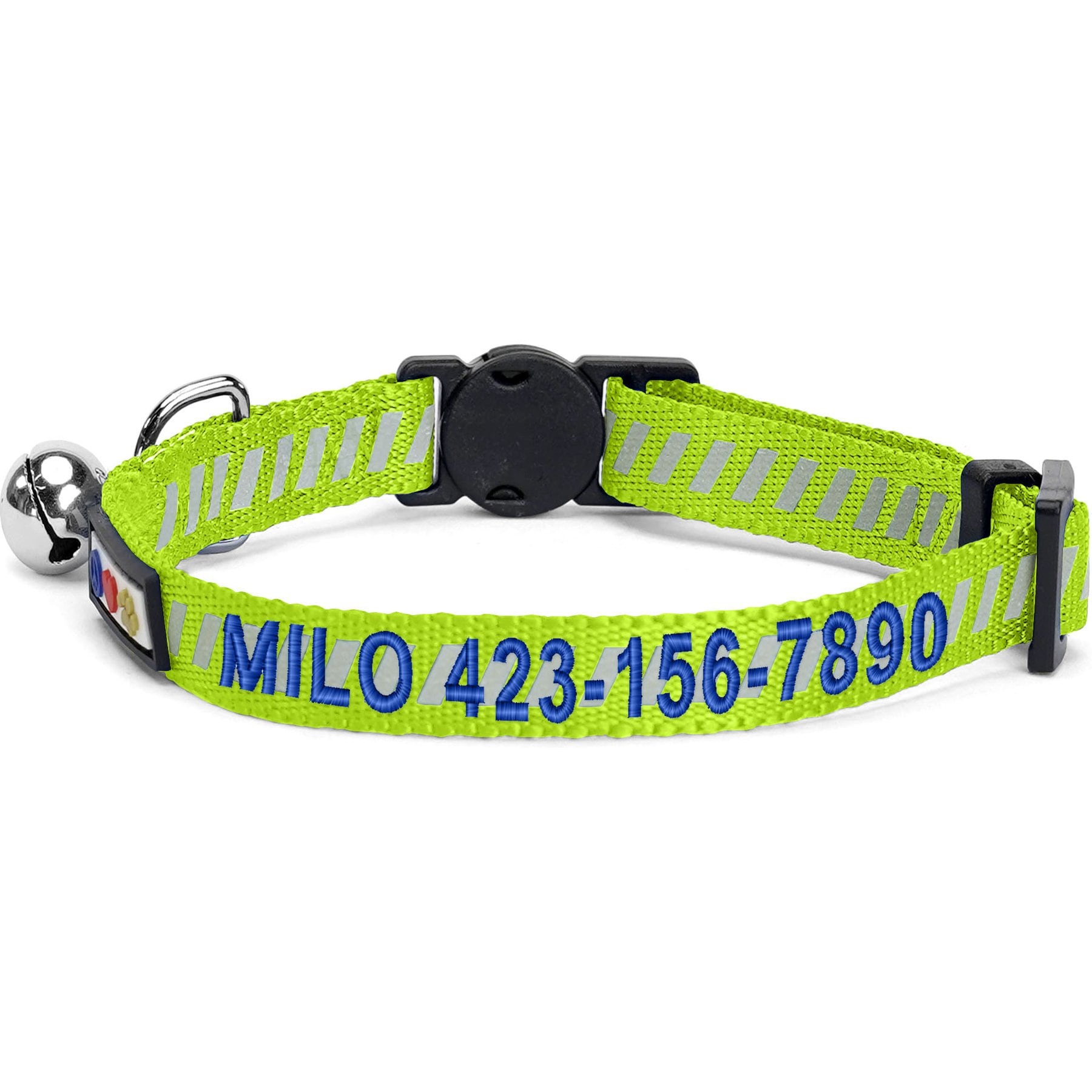 Pawtitas Traffic Personalized Reflective Breakaway Cat Collar, Green, X-Small: 8 to 12-in neck, 3/8-in wide