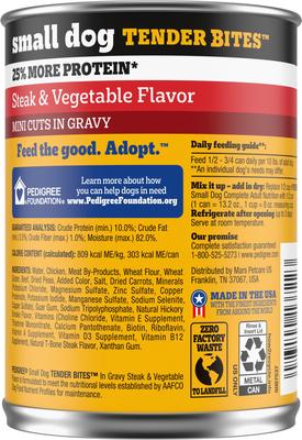 Show full view: Pedigree Tender Bites in Gravy, Steak & Vegetable Flavor Adult Canned Wet Dog Food, 13.2-oz can, case of 12 slide 3 of 11