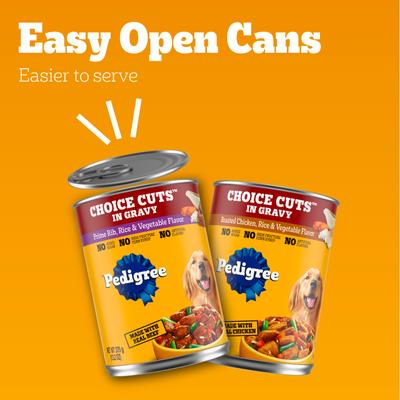 Show full view: Pedigree Choice Cuts in Gravy Prime Rib, Rice & Vegetable Flavor & Roasted Chicken Adult Canned Wet Dog Food Variety Pack, 13.2-oz can, bundle of 36  slide 9 of 12