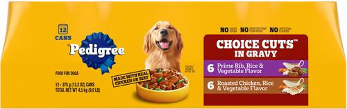 Show full view: Pedigree Choice Cuts In Gravy Beef & Country Stew Variety Pack + Prime Rib, Rice & Vegetable Flavor & Roasted Chicken Canned Wet Dog Food Variety Pack 13.2-oz, case of 24 slide 8 of 10