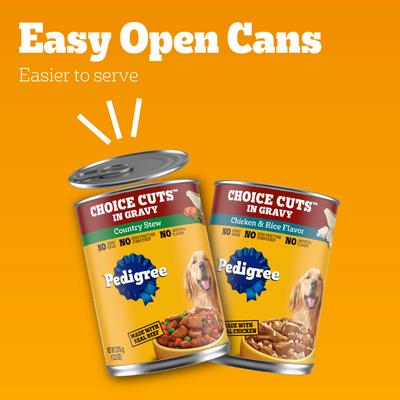 Show full view: Pedigree Choice Cuts in Gravy Country Stew & Chicken & Rice Flavor Adult Canned Wet Dog Food Variety Pack, 13.2-oz can, bundle of 48  slide 9 of 12