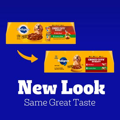 Show full view: Pedigree Choice Cuts In Gravy Beef & Country Stew Variety Pack + Prime Rib, Rice & Vegetable Flavor & Roasted Chicken Canned Wet Dog Food Variety Pack 13.2-oz, case of 24 slide 3 of 10