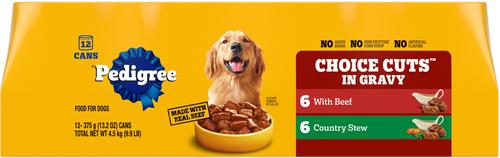 Show full view: Pedigree Choice Cuts In Gravy Beef & Country Stew Variety Pack + Prime Rib, Rice & Vegetable Flavor & Roasted Chicken Canned Wet Dog Food Variety Pack 13.2-oz, case of 24 slide 2 of 10