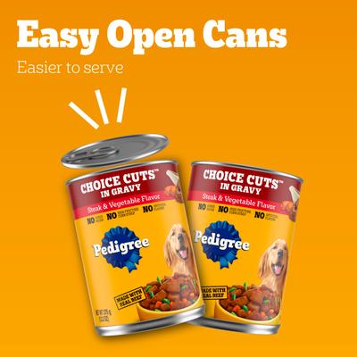 Show full view: Pedigree Choice Cuts in Gravy Steak & Vegetable Flavor Adult Canned Wet Dog Food, 13.2-oz can, bundle of 24  slide 9 of 12