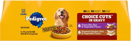 Show full view: Pedigree Choice Cuts In Gravy Beef & Country Stew Variety Pack + Prime Rib, Rice & Vegetable Flavor & Roasted Chicken Canned Wet Dog Food Variety Pack 13.2-oz, case of 24 slide 6 of 10