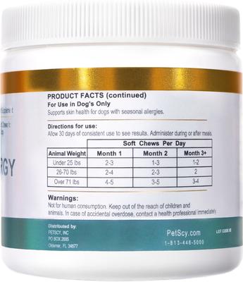 Show full view: PetScy Allergy Itch Relief Plus Bacon Flavored Soft & Chew Supplement for Dogs, 5.4-oz jar, 60 count slide 3 of 7