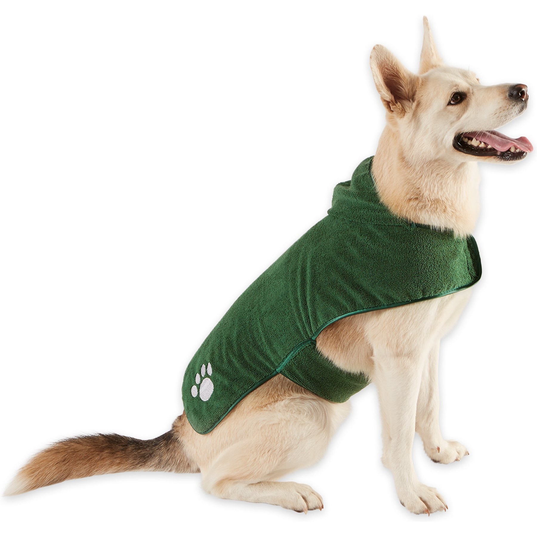 Bone Dry Embroidered Paw Microfiber Dog Robe, Hunter Green, Large