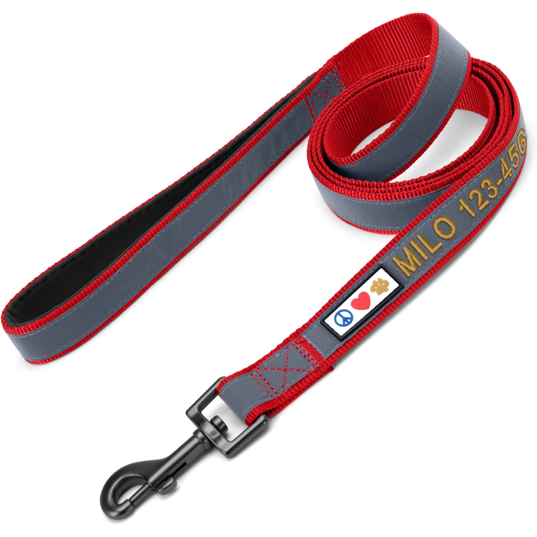Pawtitas Personalized Padded Reflective Dog Leash, Red, Extra Small/Small: 6-ft long, 5/8-in wide
