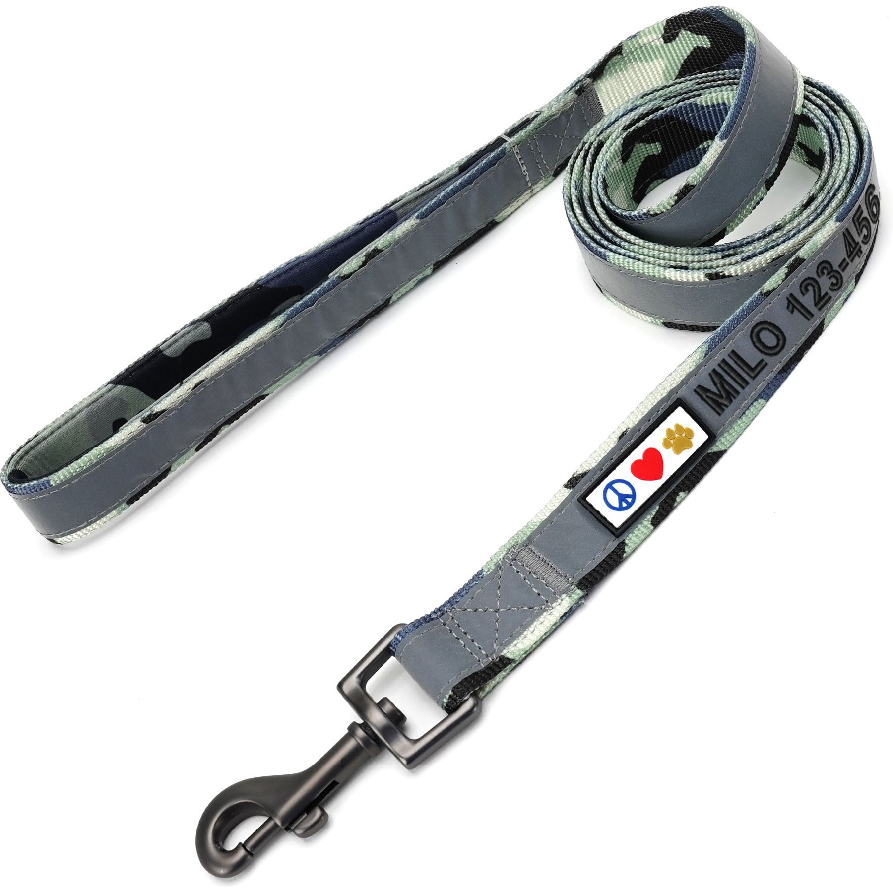 Pawtitas Personalized Padded Reflective Dog Leash, Camouflage Grey, Medium/Large: 6-ft long, 1-in wide