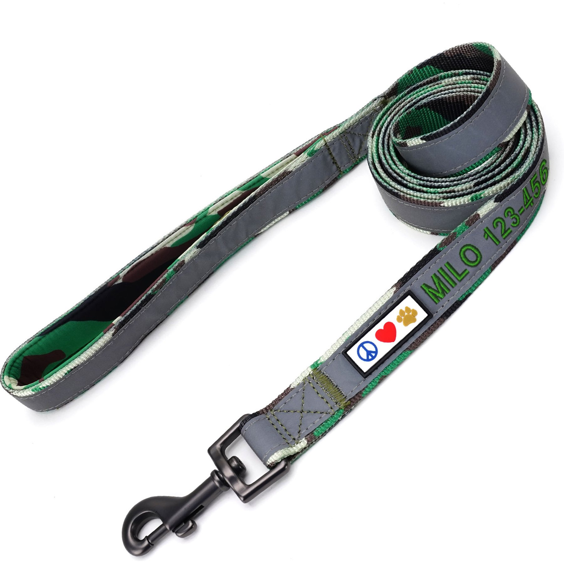 Pawtitas Personalized Padded Reflective Dog Leash, Camouflage Green, Extra Small/Small: 6-ft long, 5/8-in wide