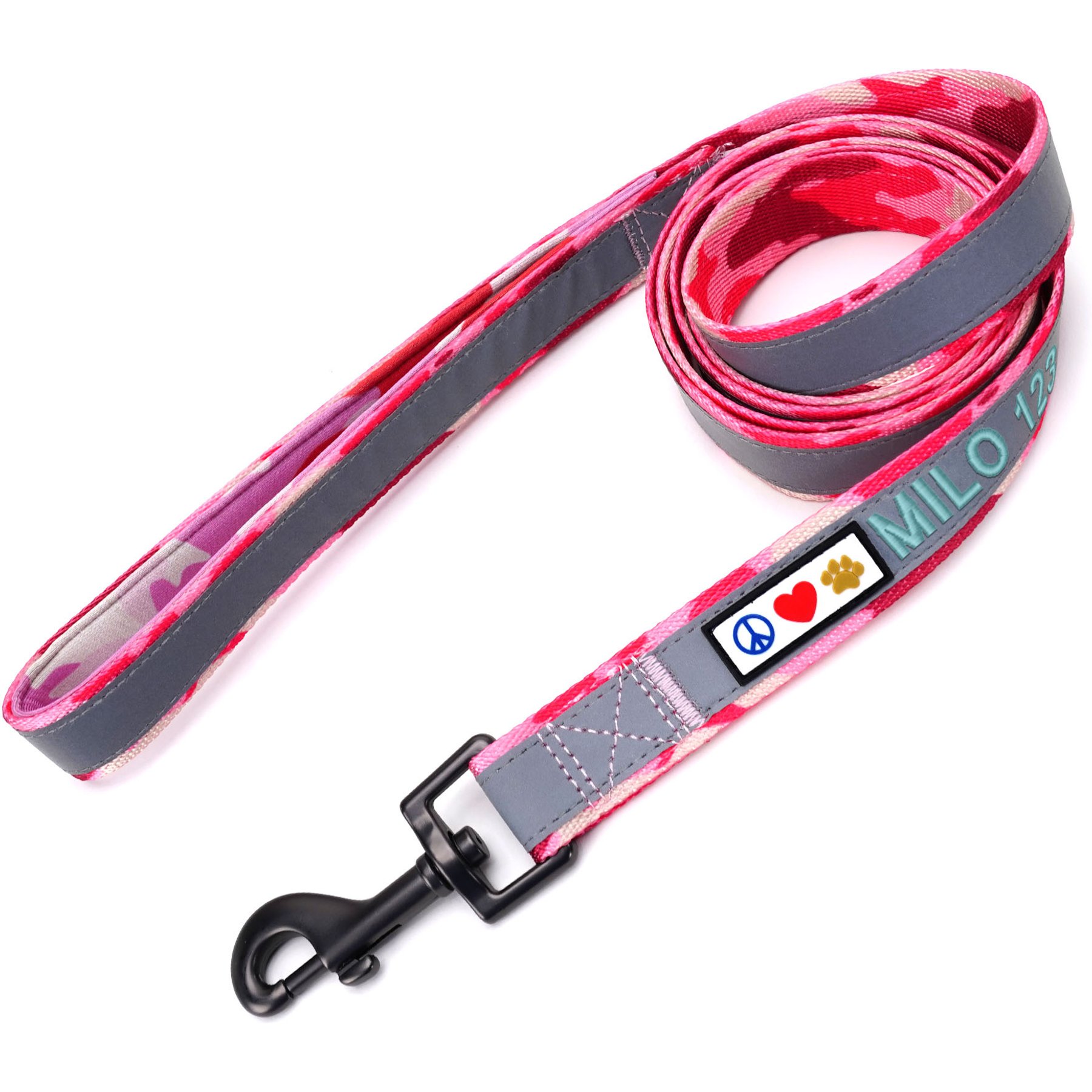 Pawtitas Personalized Padded Reflective Dog Leash, Camouflage Pink, Medium/Large: 6-ft long, 1-in wide