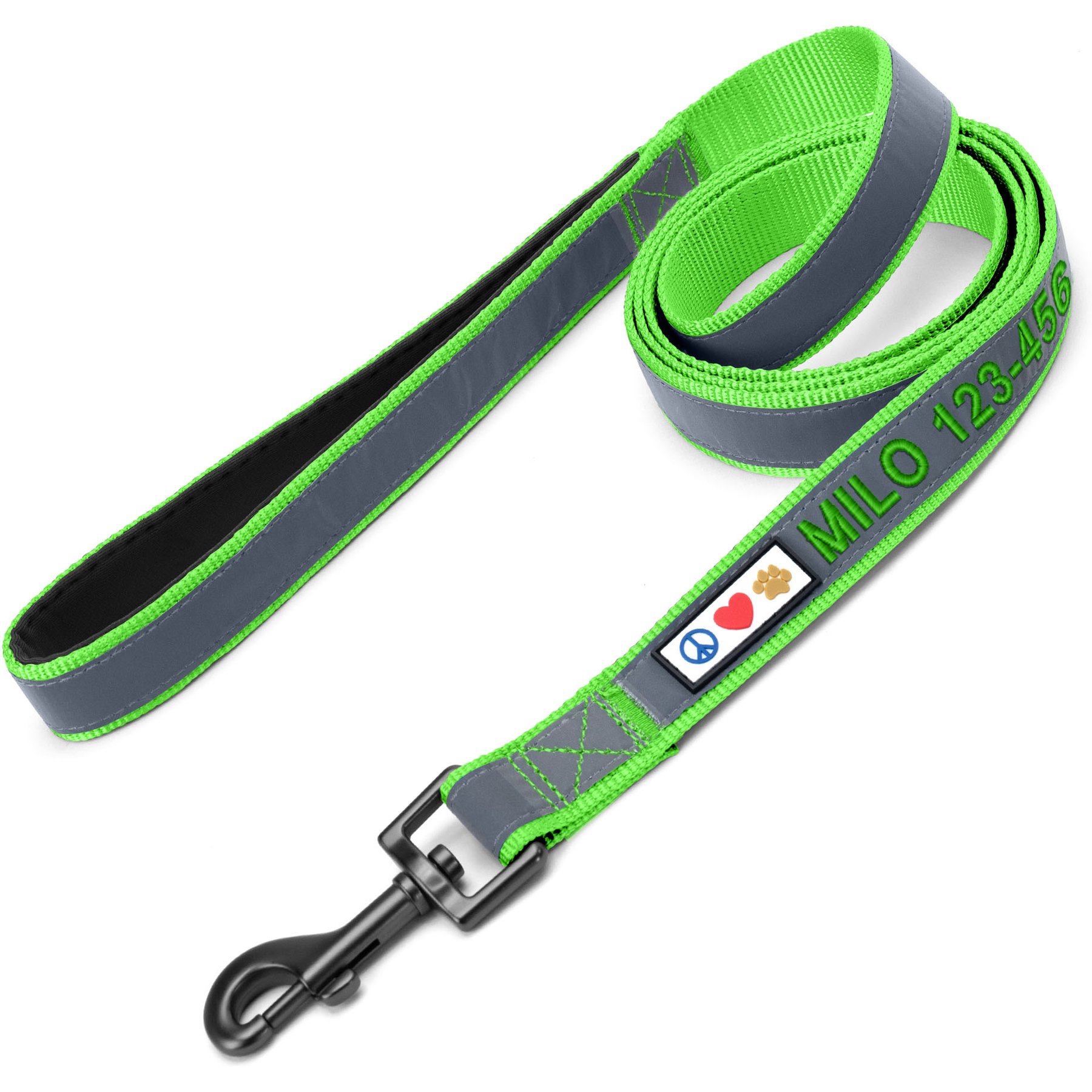 Pawtitas Personalized Padded Reflective Dog Leash, Green, Extra Small/Small: 6-ft long, 5/8-in wide