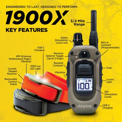 Show full view: Dogtra 1900X 2-Dog 4000-ft IPX9K Waterproof Vibration & Tone Remote Dog Training Collar, 13 to 20-in neck, Black slide 4 of 9