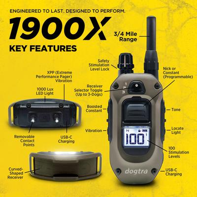 Show full view: Dogtra 1900X 4000-ft IPX9K Waterproof Vibration & Tone Remote Dog Training Collar, 13 to 20-in neck, Black slide 3 of 10