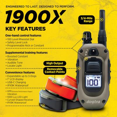 Show full view: Dogtra 1900X 2-Dog 4000-ft IPX9K Waterproof Vibration & Tone Remote Dog Training Collar, 13 to 20-in neck, Black slide 5 of 9