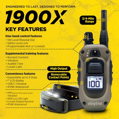 Show full view: Dogtra 1900X 4000-ft IPX9K Waterproof Vibration & Tone Remote Dog Training Collar, 13 to 20-in neck, Black slide 4 of 10