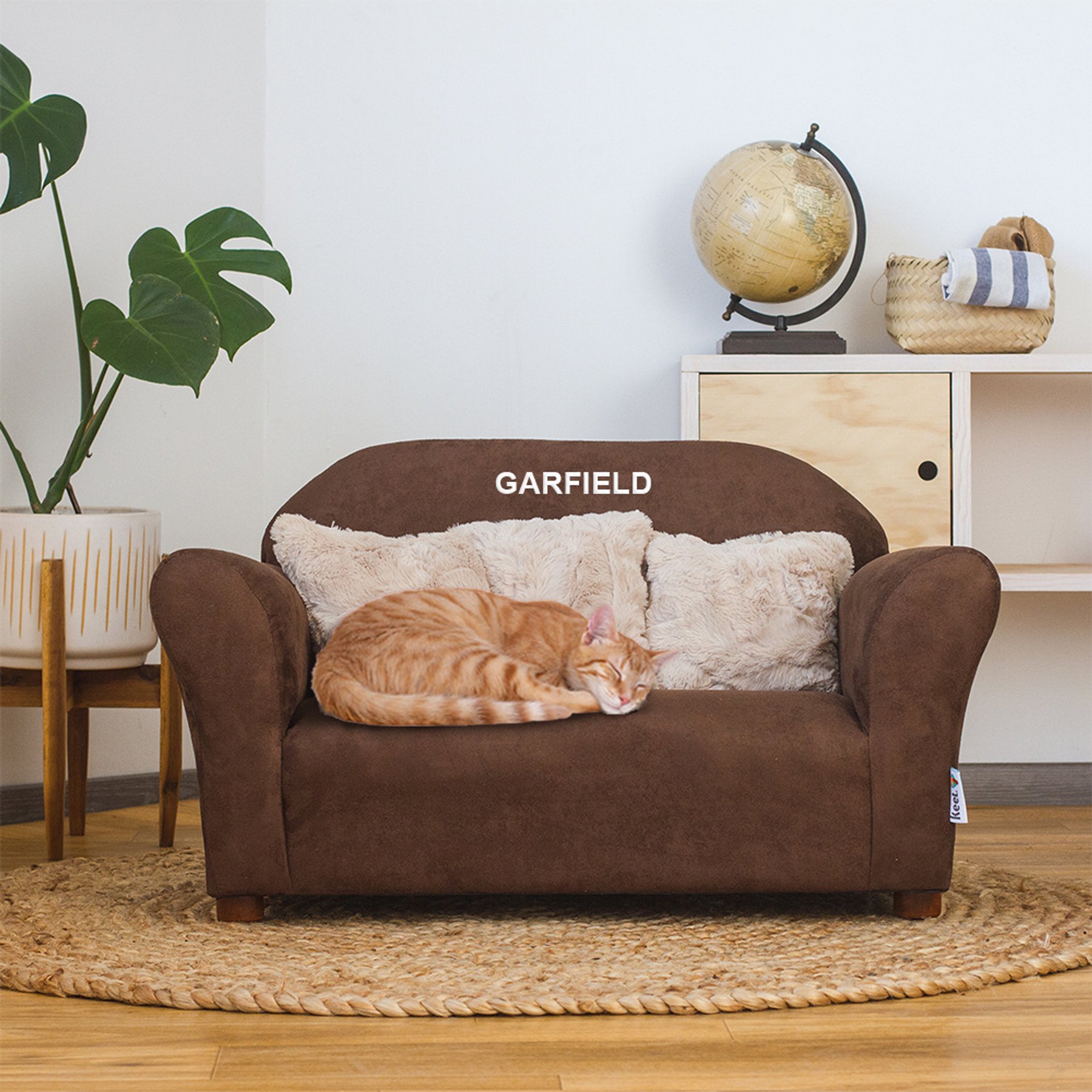 Keet Personalized Mini Plush Sofa & Accent Pillows Furniture Style Cat Bed, Brown