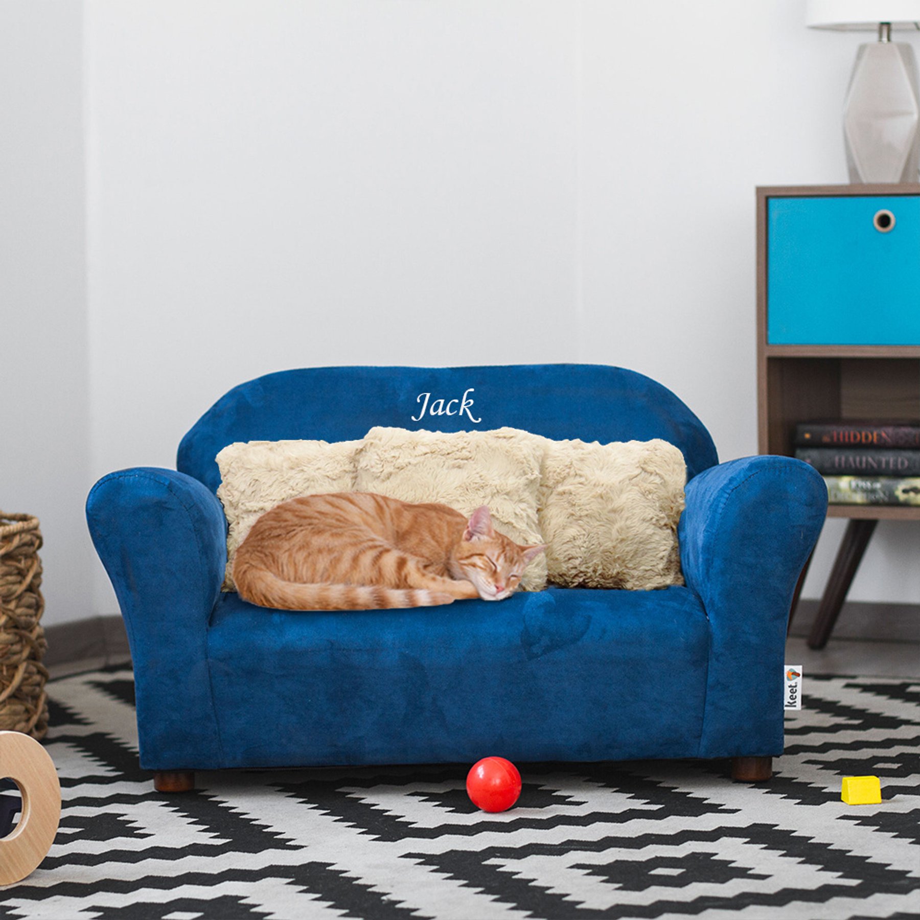 Keet Personalized Mini Plush Sofa & Accent Pillows Furniture Style Cat Bed, Navy