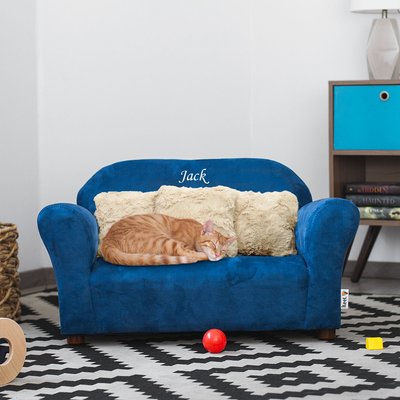 Keet Keet Personalized Mini Plush Sofa & Accent Pillows Furniture Style Cat Bed, Navy