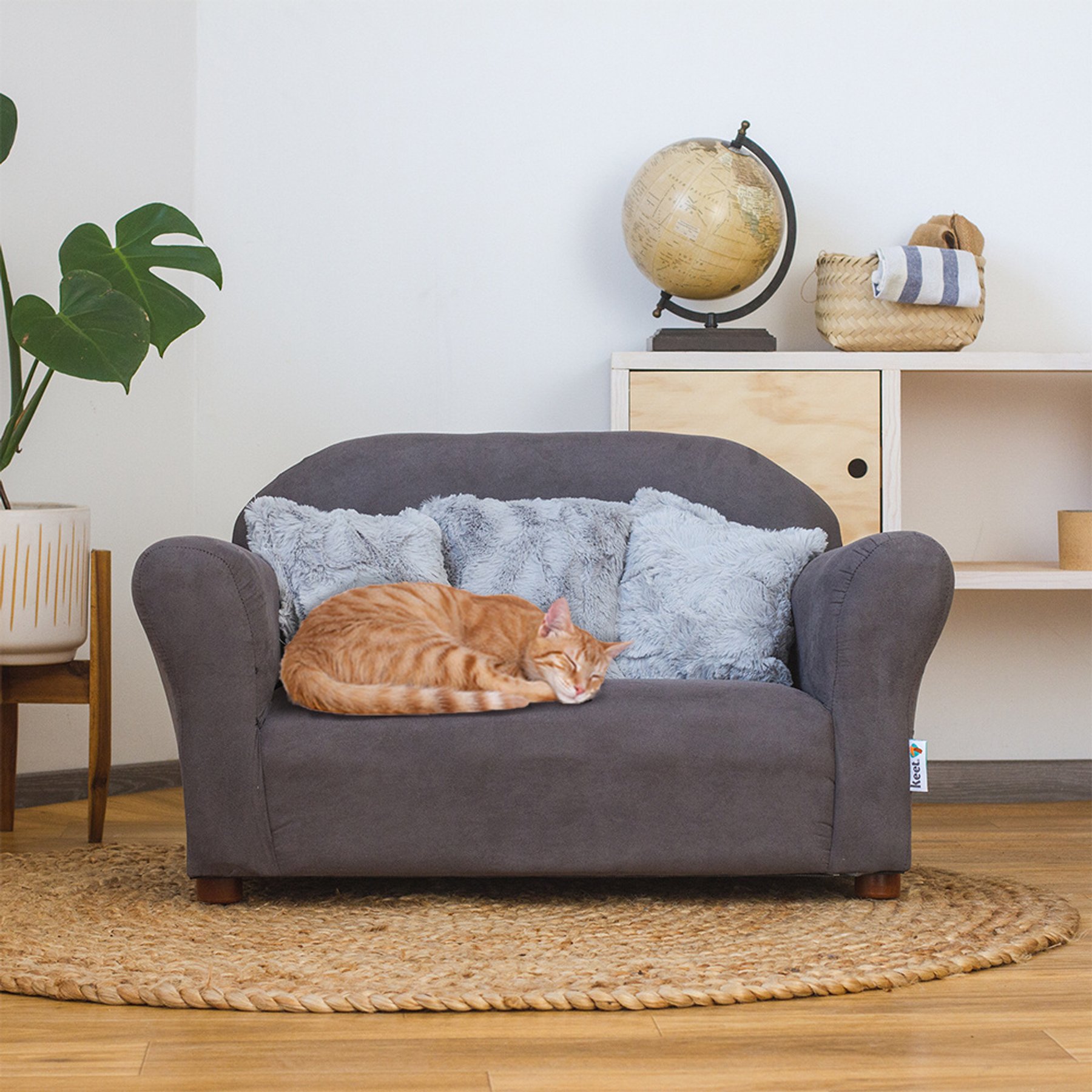 Keet Mini Plush Sofa & Accent Pillows Furniture Style Cat Bed, Charcoal