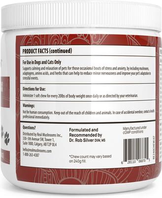Show full view: Real Mushrooms Mushroom Relax Soft Chew Calming Supplement for Dogs & Cats, 60 count slide 9 of 11