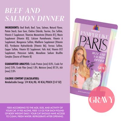 Show full view: Pamper Like Paris Beef & Salmon Dinner in Gravy Grain-Free Shredded Wet Cat Food, 2.47-oz pouch, case of 12 slide 5 of 10