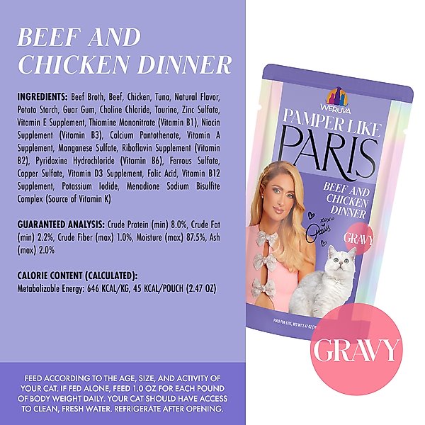 Show full view: Pamper Like Paris Beef & Chicken Dinner in Gravy Grain-Free Shredded Wet Cat Food, 2.47-oz pouch, case of 12 slide 5 of 10