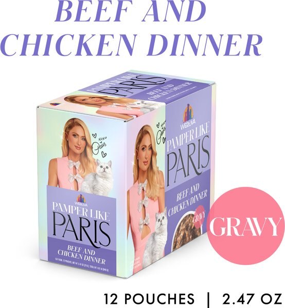 Show full view: Pamper Like Paris Beef & Chicken Dinner in Gravy Grain-Free Shredded Wet Cat Food, 2.47-oz pouch, case of 12 slide 3 of 10