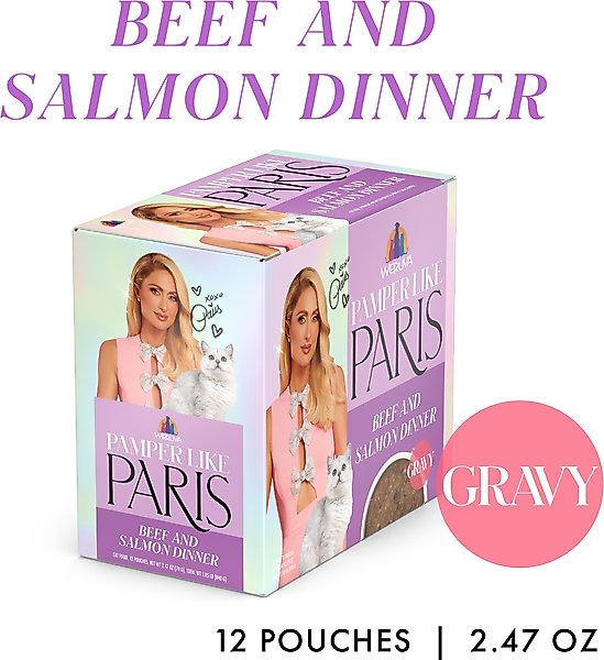 Show full view: Pamper Like Paris Beef & Salmon Dinner in Gravy Grain-Free Shredded Wet Cat Food, 2.47-oz pouch, case of 12 slide 3 of 10