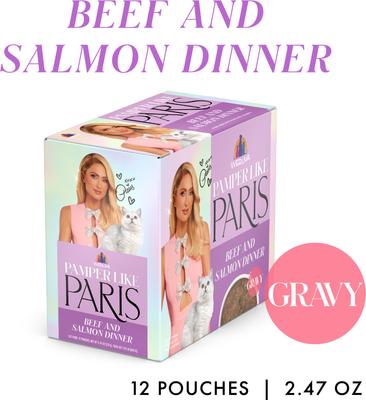 Show full view: Pamper Like Paris Beef & Salmon Dinner in Gravy Grain-Free Shredded Wet Cat Food, 2.47-oz pouch, case of 12 slide 3 of 10