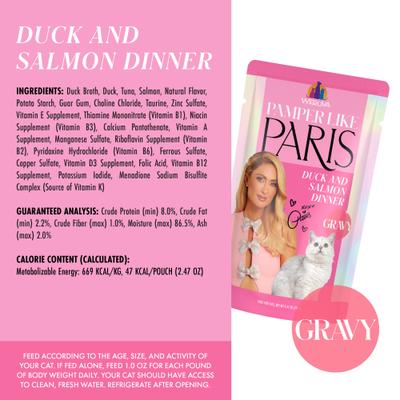 Show full view: Pamper Like Paris Duck & Salmon Dinner in Gravy Grain-Free Shredded Wet Cat Food, 2.47-oz pouch, case of 12 slide 5 of 10