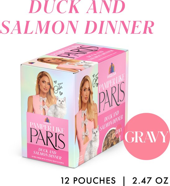 Show full view: Pamper Like Paris Duck & Salmon Dinner in Gravy Grain-Free Shredded Wet Cat Food, 2.47-oz pouch, case of 12 slide 3 of 10