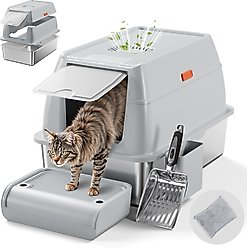 Casfuy Full/Semi Enclosed Stainless Steel Cat Litter Box with Bamboo Charcoal Bag