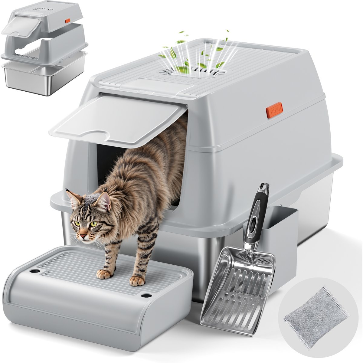 Casfuy Full/Semi Enclosed Stainless Steel Cat Litter Box with Bamboo Charcoal Bag