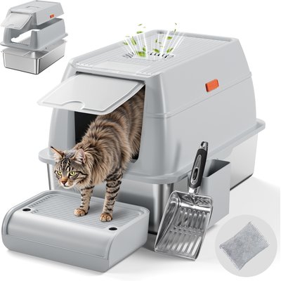 Casfuy Casfuy Full/Semi Enclosed Stainless Steel Cat Litter Box with Bamboo Charcoal Bag