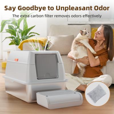 Show full view: Casfuy Full/Semi Enclosed Stainless Steel Cat Litter Box with Bamboo Charcoal Bag slide 3 of 8