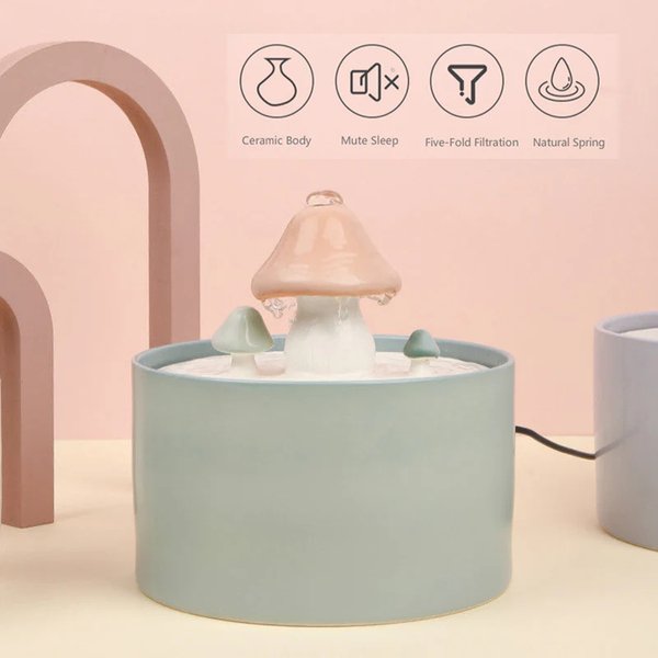 Show full view: Happy & Polly Mushroom Ceramic Cat Water Fountain, Green, 1.5L/50-oz slide 4 of 8