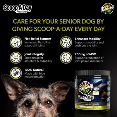 Show full view: PetBeing Scoop-A-Day Mobility, Muscle & Joint Support Powder Supplement for Senior Dogs, 4.2-oz bottle slide 5 of 10