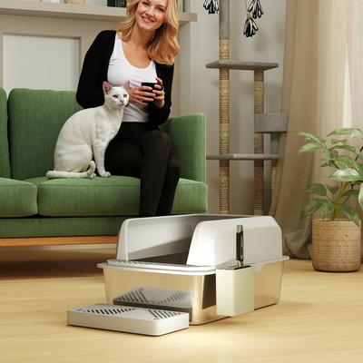 Show full view: PawHut High Sided Stainless Steel Cat Litter Box with Metal Scoop & Holder, Light Gray, 23.7-in slide 8 of 9