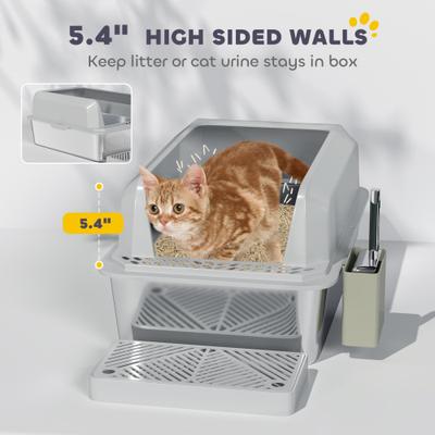 Show full view: PawHut High Sided Stainless Steel Cat Litter Box with Metal Scoop & Holder, Light Gray, 23.7-in slide 4 of 9