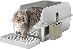 PawHut High Sided Stainless Steel Cat Litter Box with Metal Scoop & Holder, Light Gray, 23.7-in