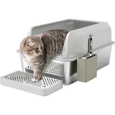 PawHut PawHut High Sided Stainless Steel Cat Litter Box with Metal Scoop & Holder, Light Gray, 23.7-in