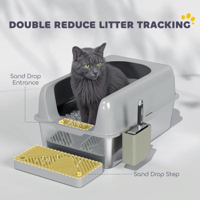 Show full view: PawHut High Sided Stainless Steel Cat Litter Box with Metal Scoop, Light Gray, 23.7-in slide 6 of 9