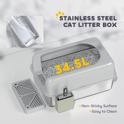 Show full view: PawHut High Sided Stainless Steel Cat Litter Box with Metal Scoop, Light Gray, 23.7-in slide 5 of 9