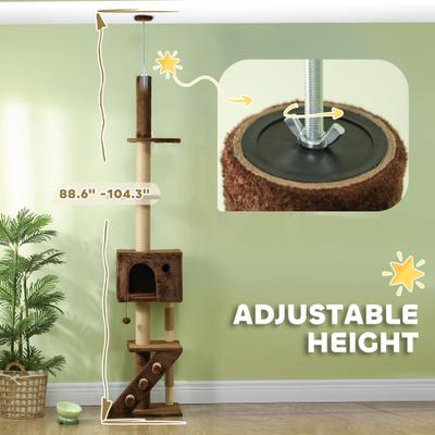 Show full view: PawHut 89 to 104-in Adjustable Height Plush Floor-to-Ceiling Cat Tree & Condo, Brown slide 4 of 9